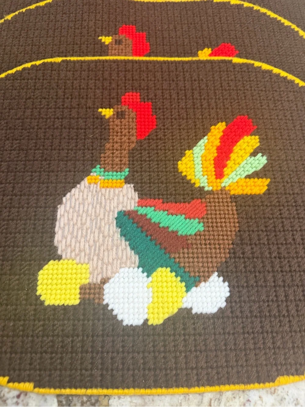 Vintage 1970s Turkey Needlepoint Placemats Set of 4 Thanksgiving Yarn Embroidery